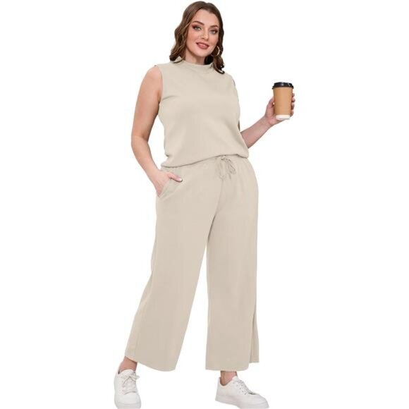 Women's 2-Piece Summer Set - Mock Neck‎ Top & Wide-Leg Crop Pants Lounge Outfit - Picture 4 of 7